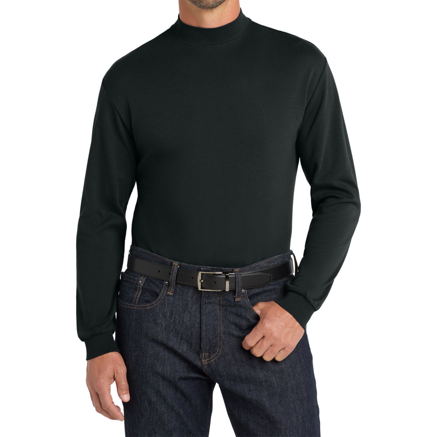 Men's Casual Long Sleeve Interlock Knit Coller Mock Turtleneck Sweaters Black-Front