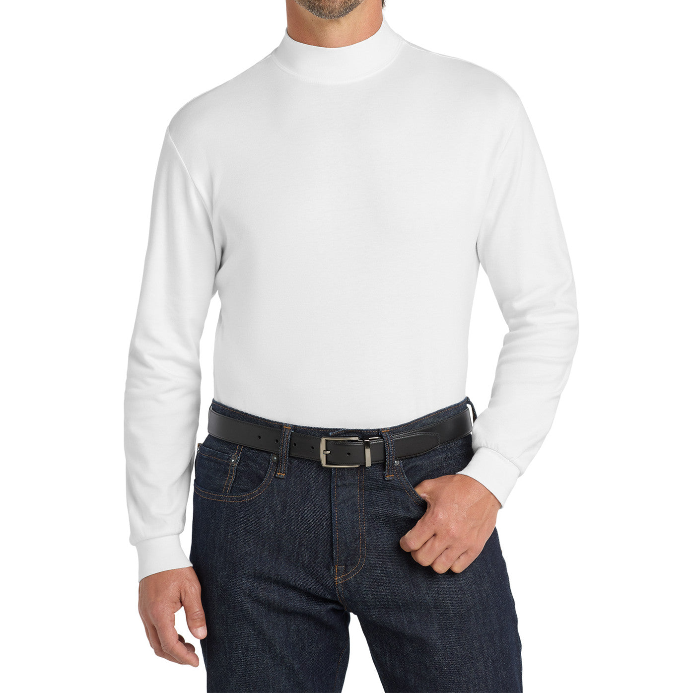 Men's Casual Long Sleeve Interlock Knit Coller Mock Turtleneck Sweaters White-Front