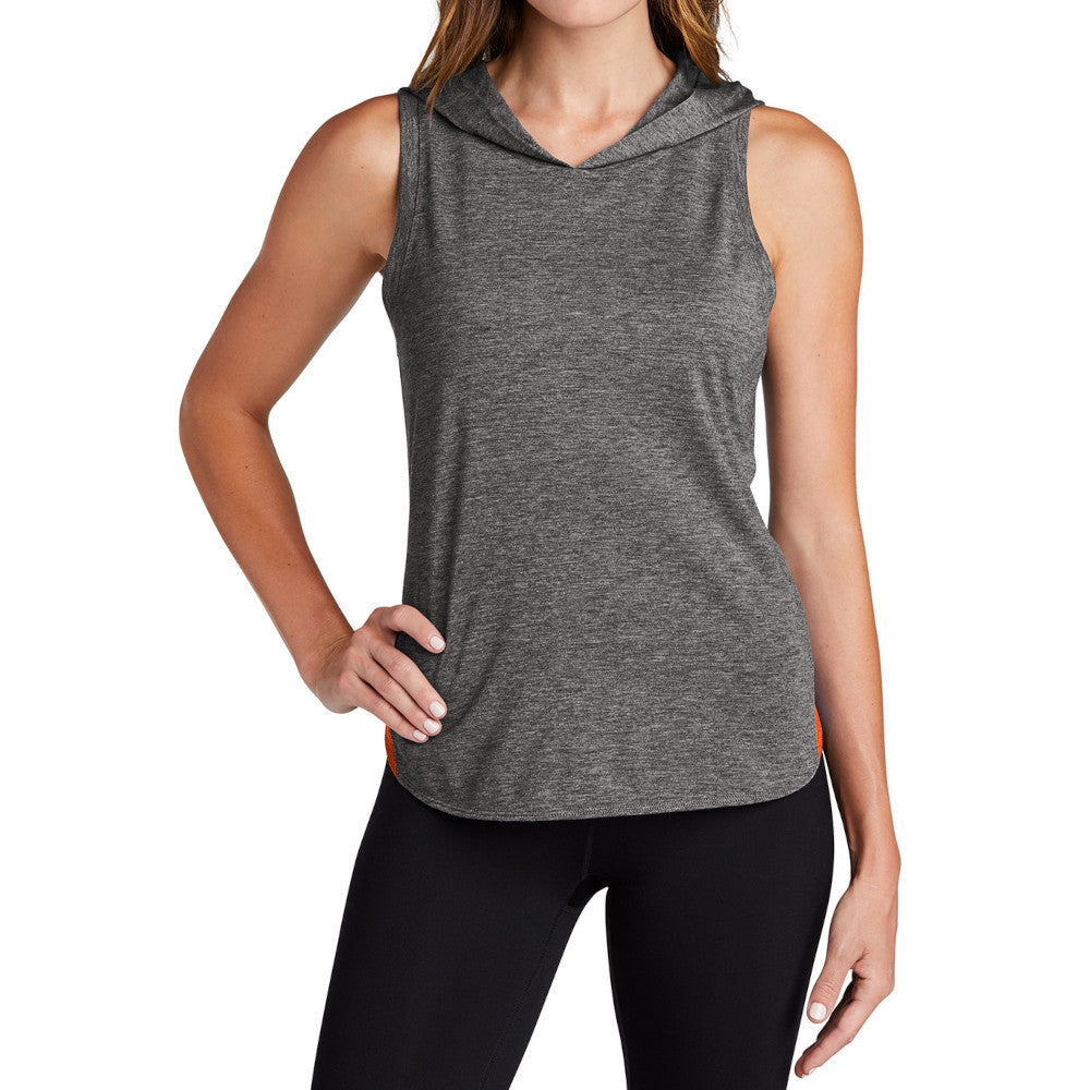 Women's PosiCharge Tri-Blend Wicking Draft Hoodie Tank - Deep Orange/ Dark Grey Heather