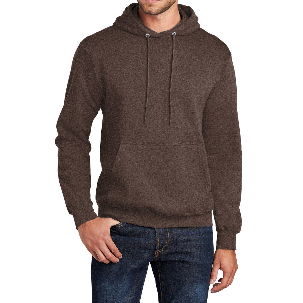 Men's Core Fleece Pullover Hooded Sweatshirt Cozy Cotton Poly Fleece with Air Jet Yarn Softness and Two-Ply Hood-Heather Dark Chocolate Brown