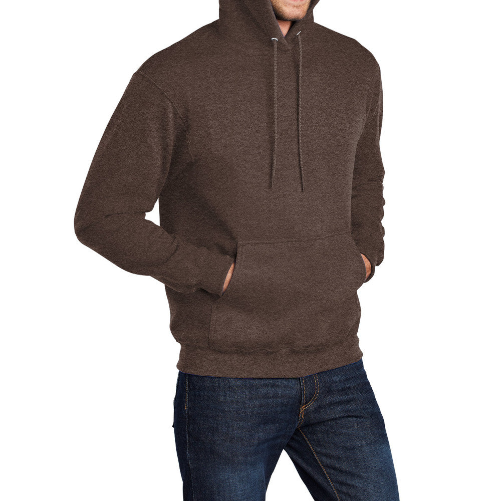 Men's Core Fleece Pullover Hooded Sweatshirt Cozy Cotton Poly Fleece with Air Jet Yarn Softness and Two-Ply Hood-Heather Dark Chocolate Brown