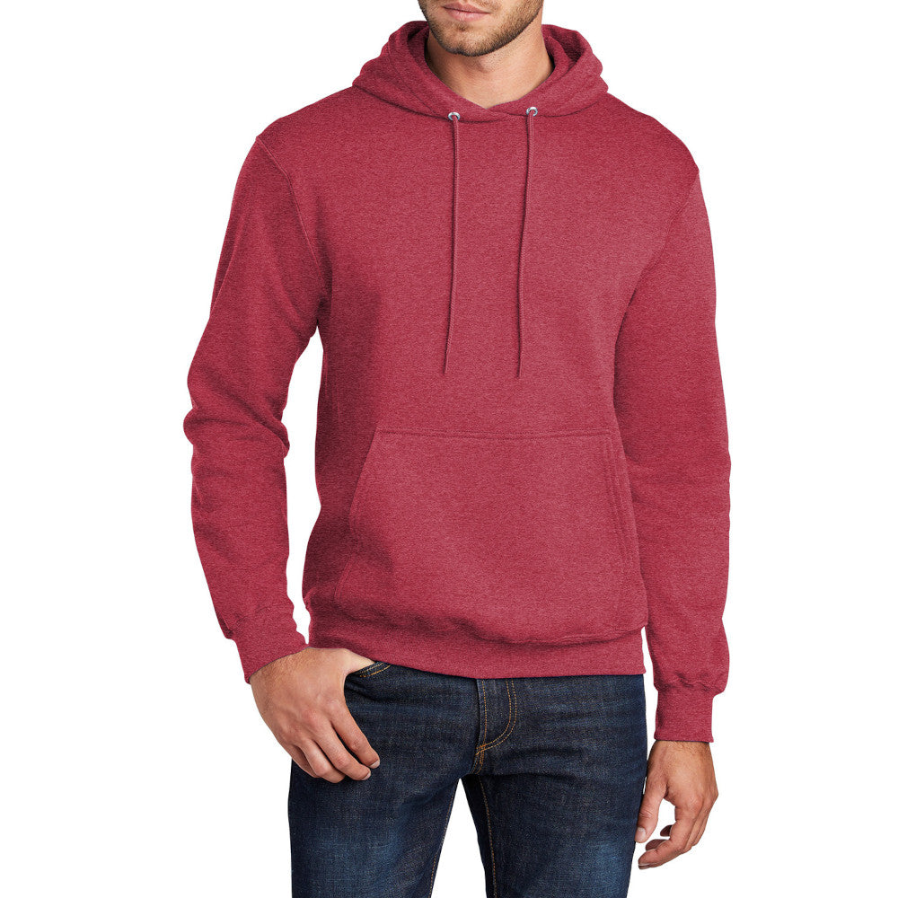 Men's Core Fleece Pullover Hooded Sweatshirt Cozy Cotton Poly Fleece with Air Jet Yarn Softness and Two-Ply Hood-Heather Red