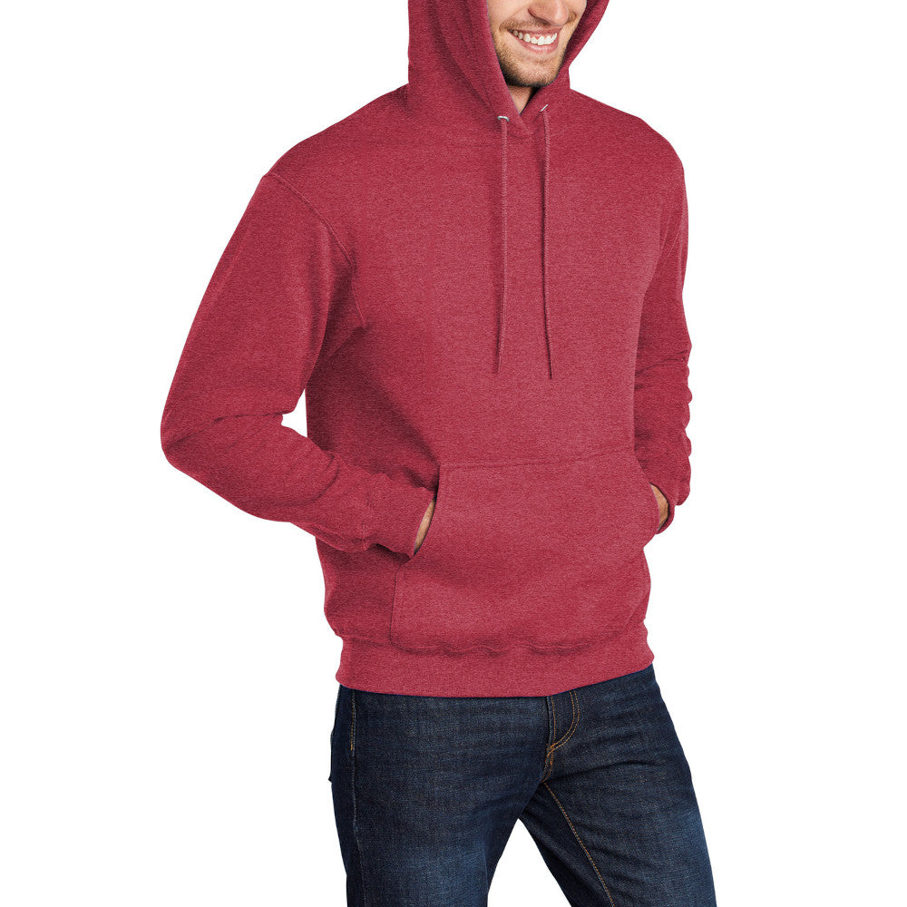 Men's Core Fleece Pullover Hooded Sweatshirt Cozy Cotton Poly Fleece with Air Jet Yarn Softness and Two-Ply Hood-Heather Red