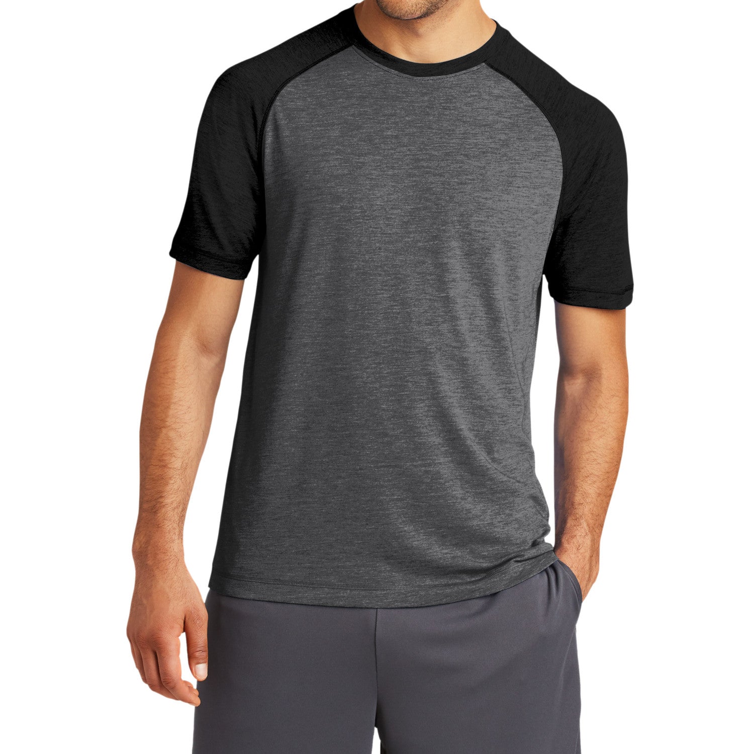 Men's PosiCharge Tri-Blend Short Sleeve Wicking Raglan Tee - Black Triad Solid/ Dark Grey Heather