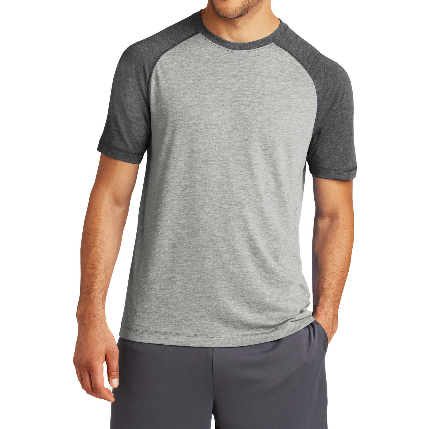 Men's PosiCharge Tri-Blend Short Sleeve Wicking Raglan Tee - Dark Grey Heather/ Light Grey Heather