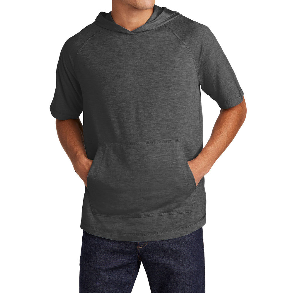 Mens Moisture-Wicking, Soft, & Color-Locking Performance PosiCharge Tri-Blend Wicking Short Sleeve Hoodie - Dark Grey Heather