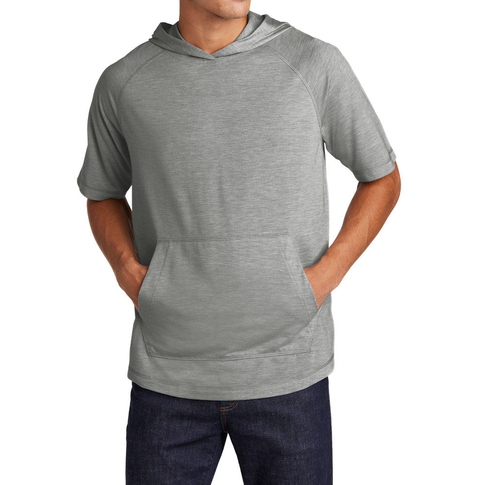 Mens Moisture-Wicking, Soft, & Color-Locking Performance PosiCharge Tri-Blend Wicking Short Sleeve Hoodie - Light Grey Heather