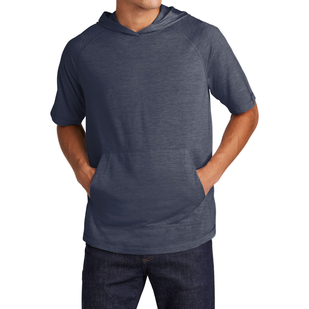Mens Moisture-Wicking, Soft, & Color-Locking Performance PosiCharge Tri-Blend Wicking Short Sleeve Hoodie - True Navy Heather