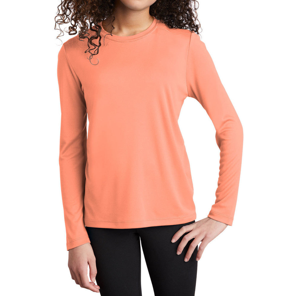 Youth Posi-UV Pro Long Sleeve Tee UPF 50 Sun Protection Moisture-Wicking PosiCharge Technology-Soft Coral