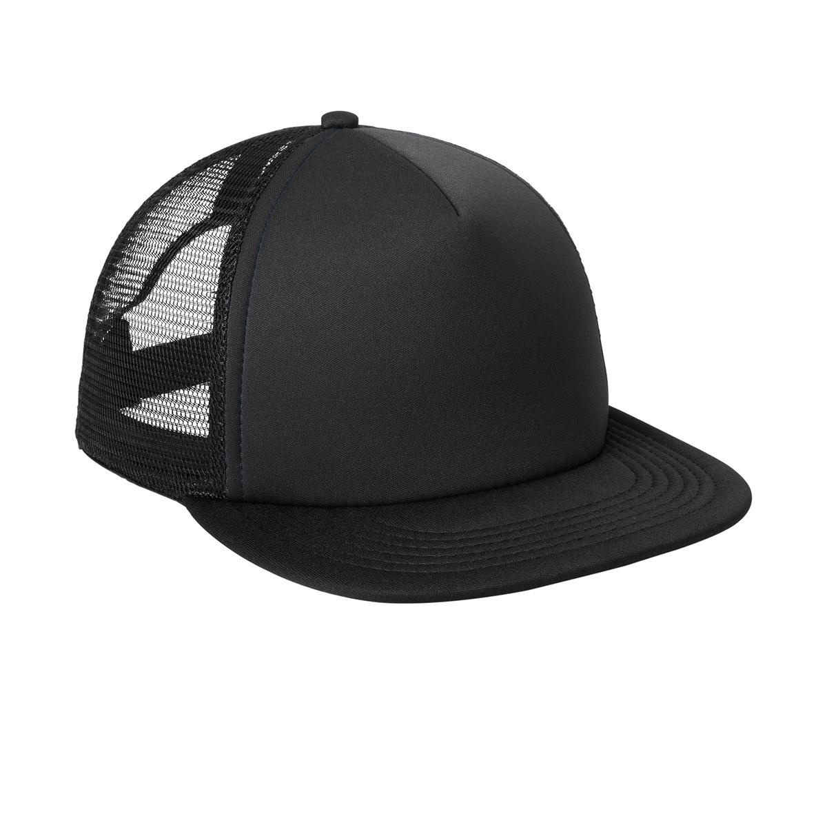 Men's Flat Bill Plastic Snapback Polyester Foam Trucker Cap-Black