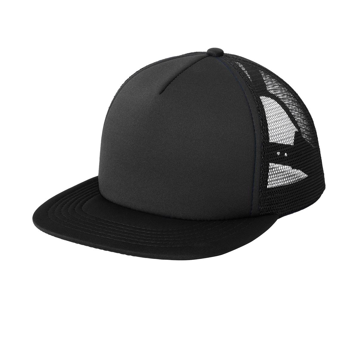Men's Flat Bill Plastic Snapback Polyester Foam Trucker Cap-Black