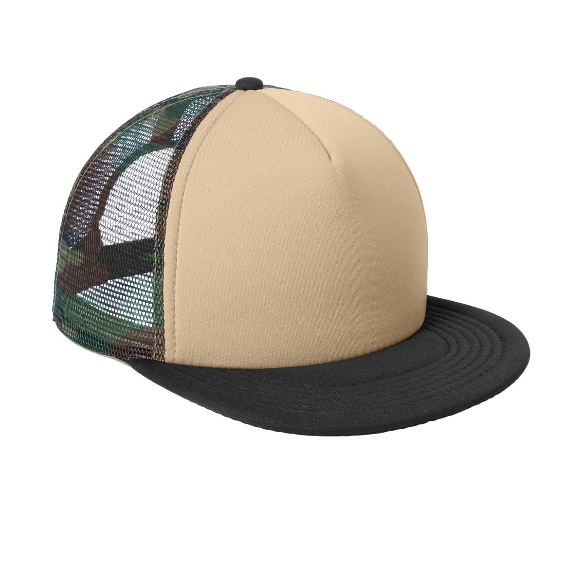 Men's Flat Bill Plastic Snapback Polyester Foam Trucker Cap-Military Camo