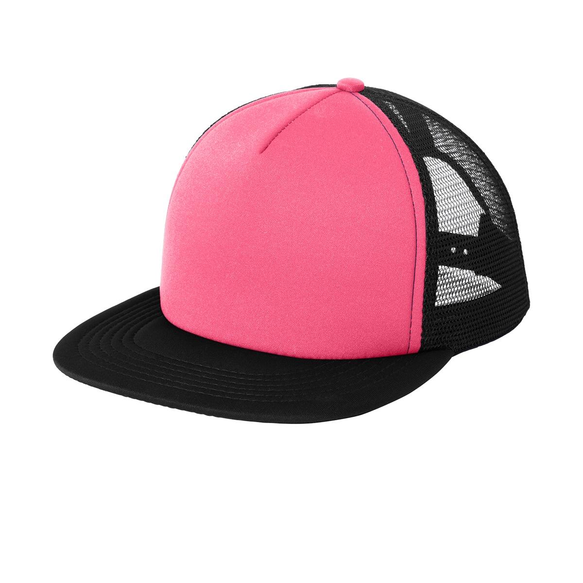 Men's Flat Bill Plastic Snapback Polyester Foam Trucker Cap-Neon Pink