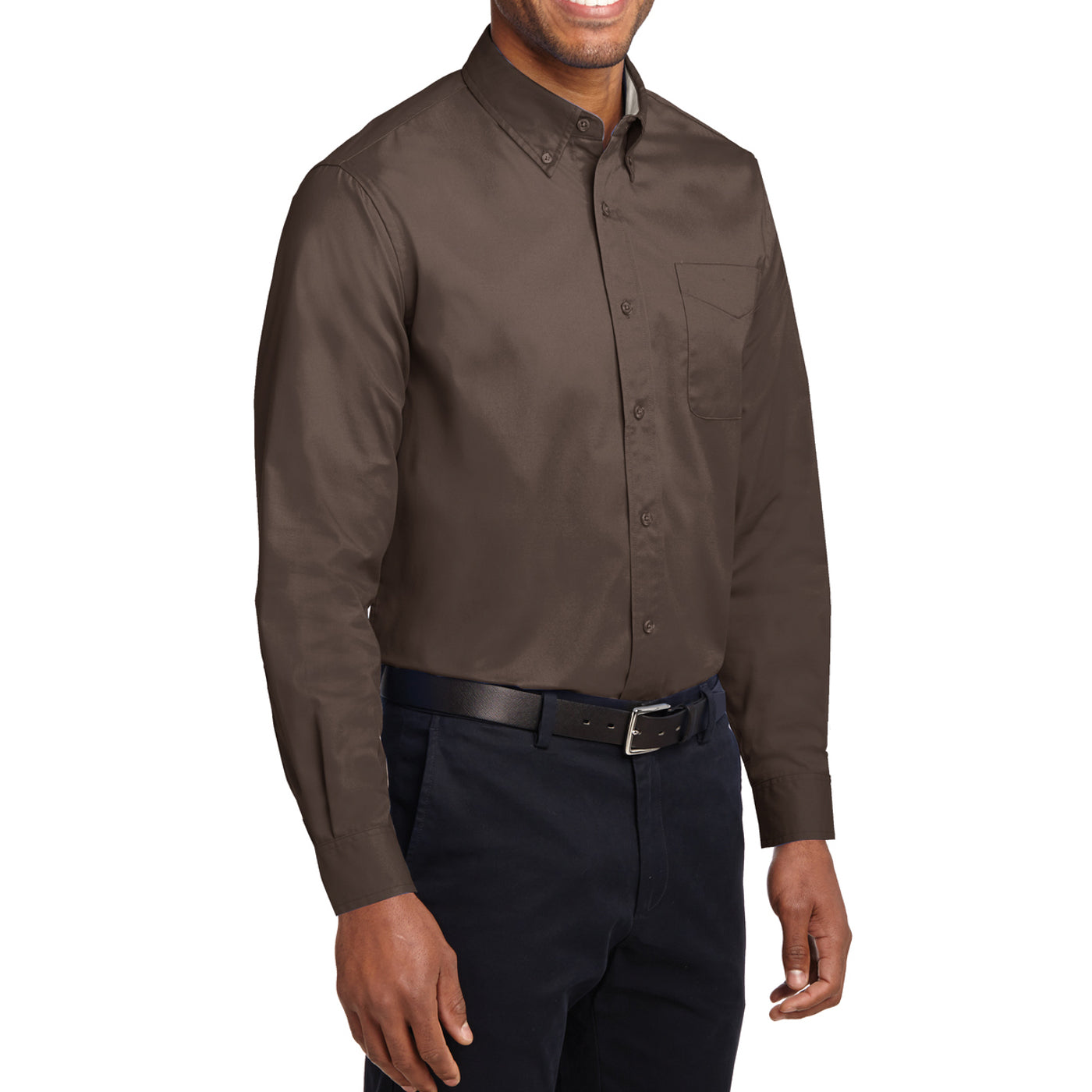 Men's Long Sleeve Easy Care Shirt - Coffee Bean/ Light Stone - Side