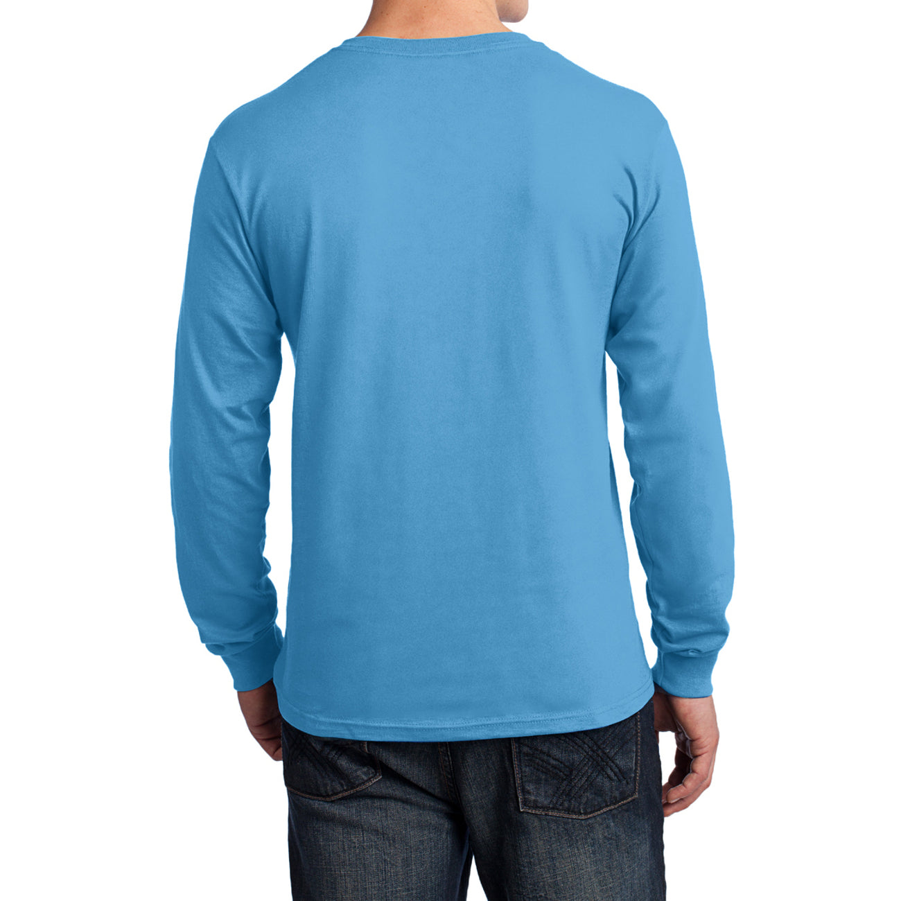 Men's Long Sleeve Core Cotton Tee - Aquatic Blue - Back