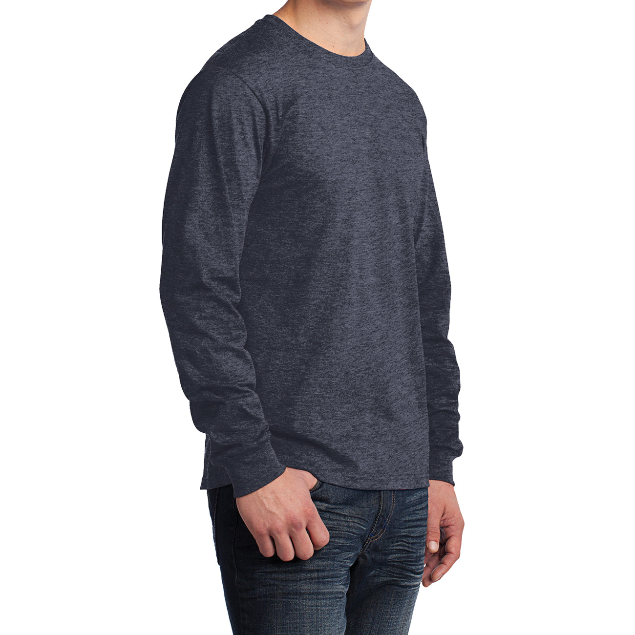 Men's Long Sleeve Core Cotton Tee - Heather Navy - Side