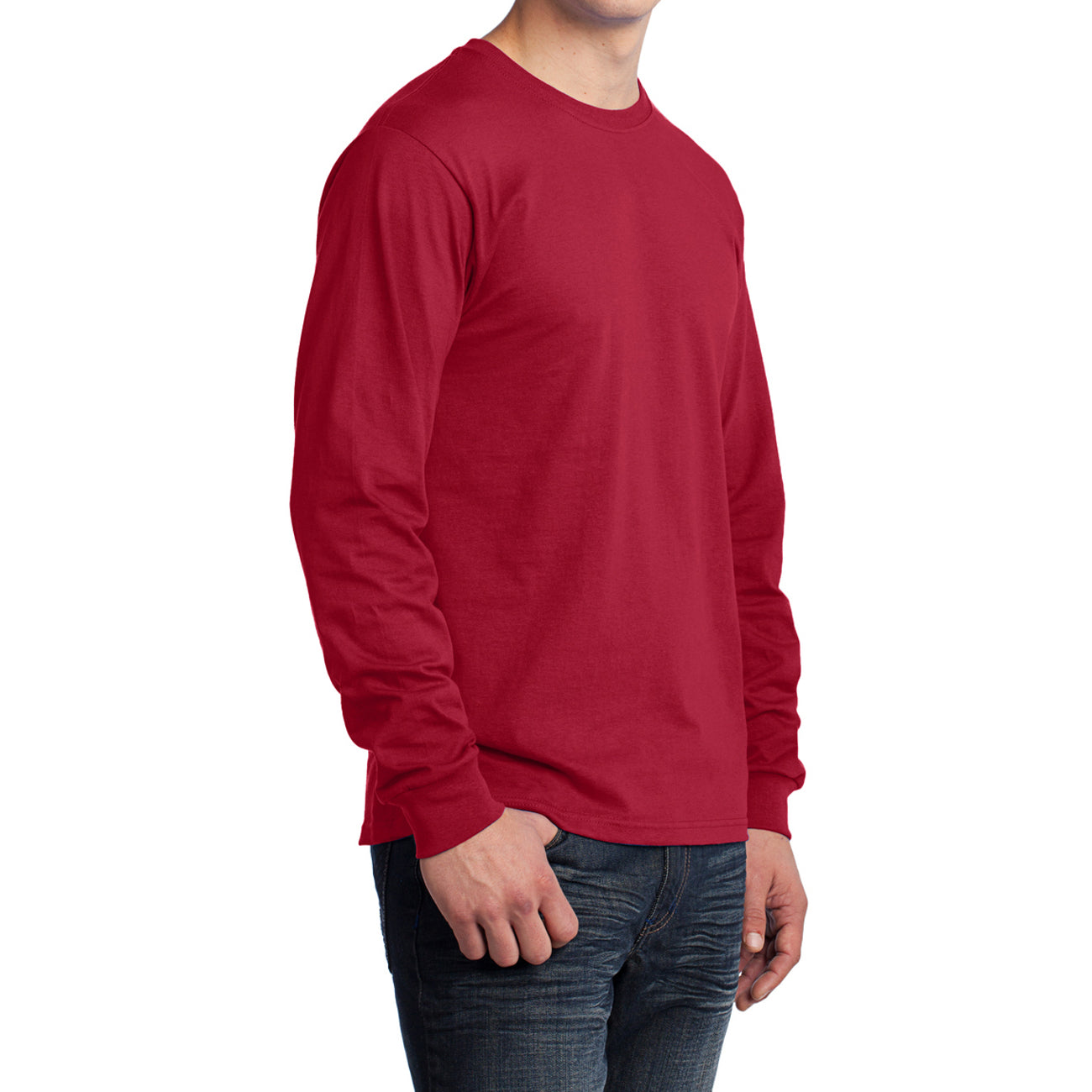 Men's Long Sleeve Core Cotton Tee - Red - Side