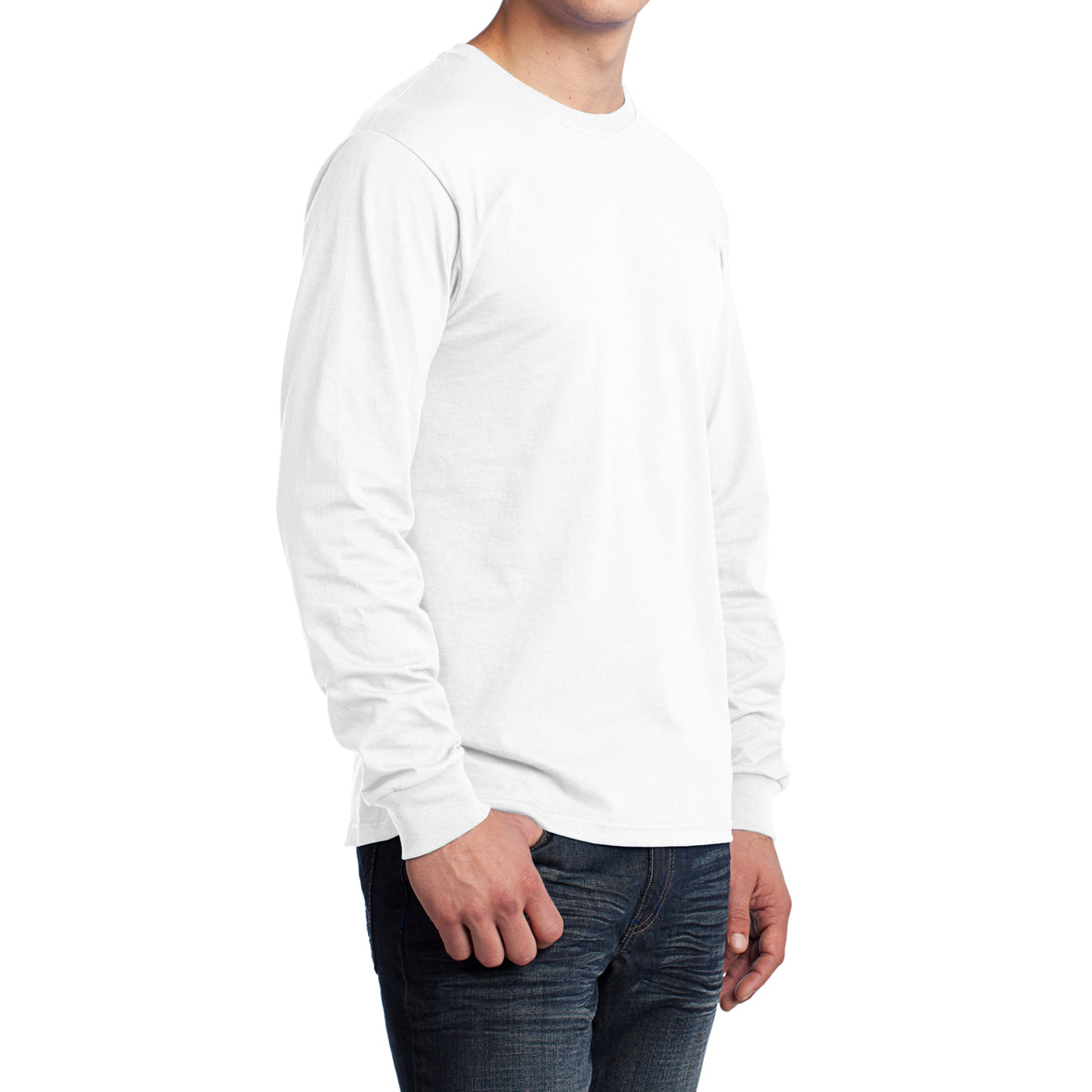 Men's Long Sleeve Core Cotton Tee - White - Side