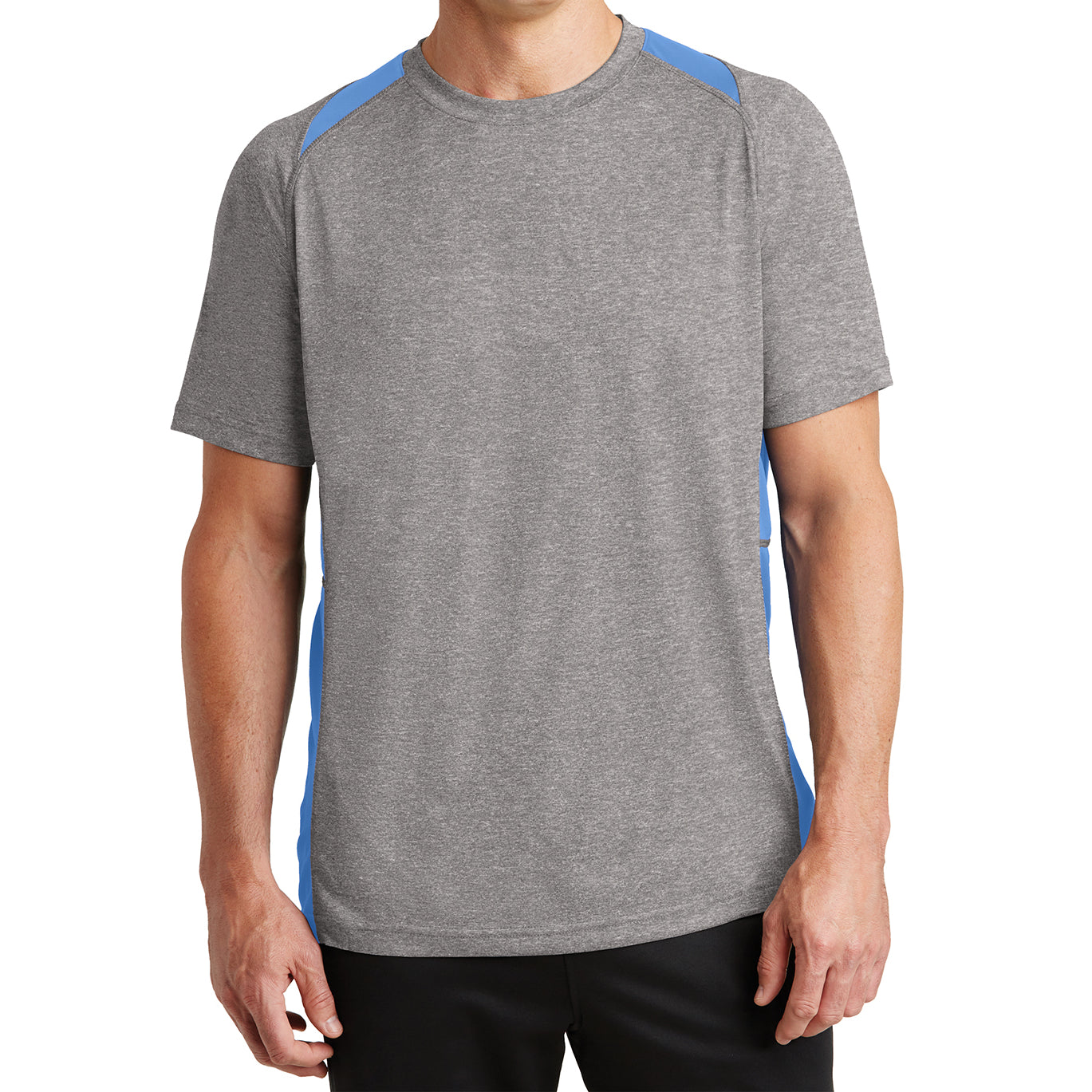 Men's Heather Colorblock Contender Tee Vintage Heather/ Carolina Blue Front