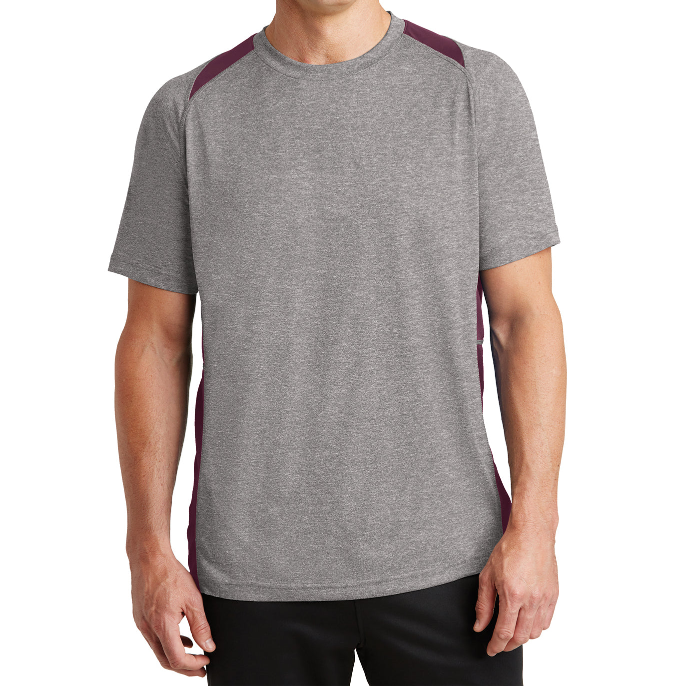Men's Heather Colorblock Contender Tee Vintage Heather/ Maroon Front