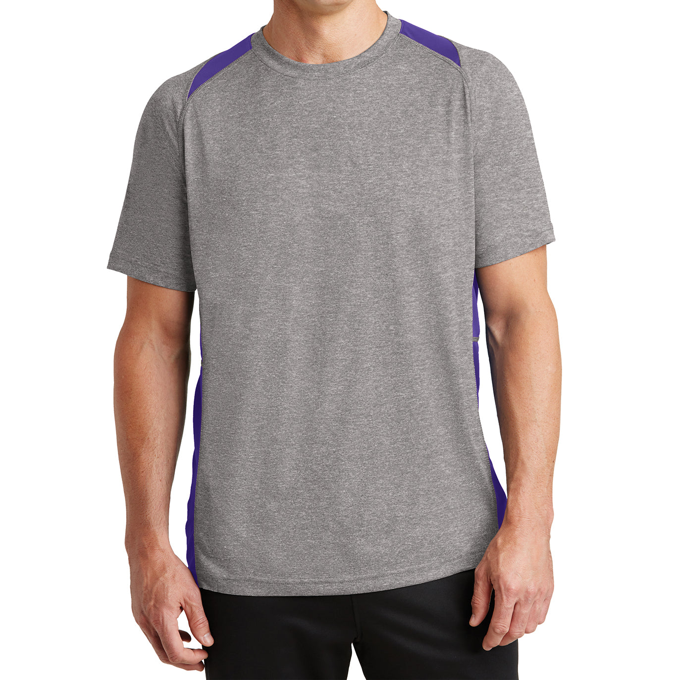 Men's Heather Colorblock Contender Tee Vintage Heather/ Purple Front