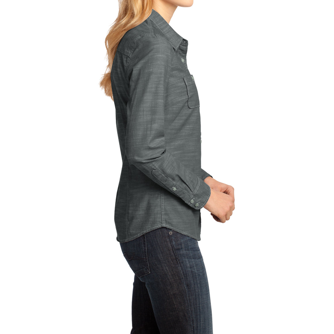 Womens Long Sleeve Washed Woven Shirt - Grey - Side