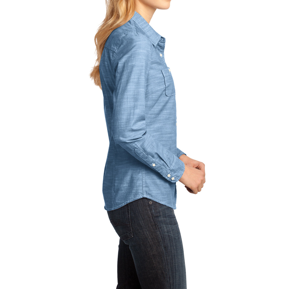 Womens Long Sleeve Washed Woven Shirt - Light Blue - Side