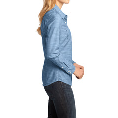 Womens Long Sleeve Washed Woven Shirt - Light Blue - Side