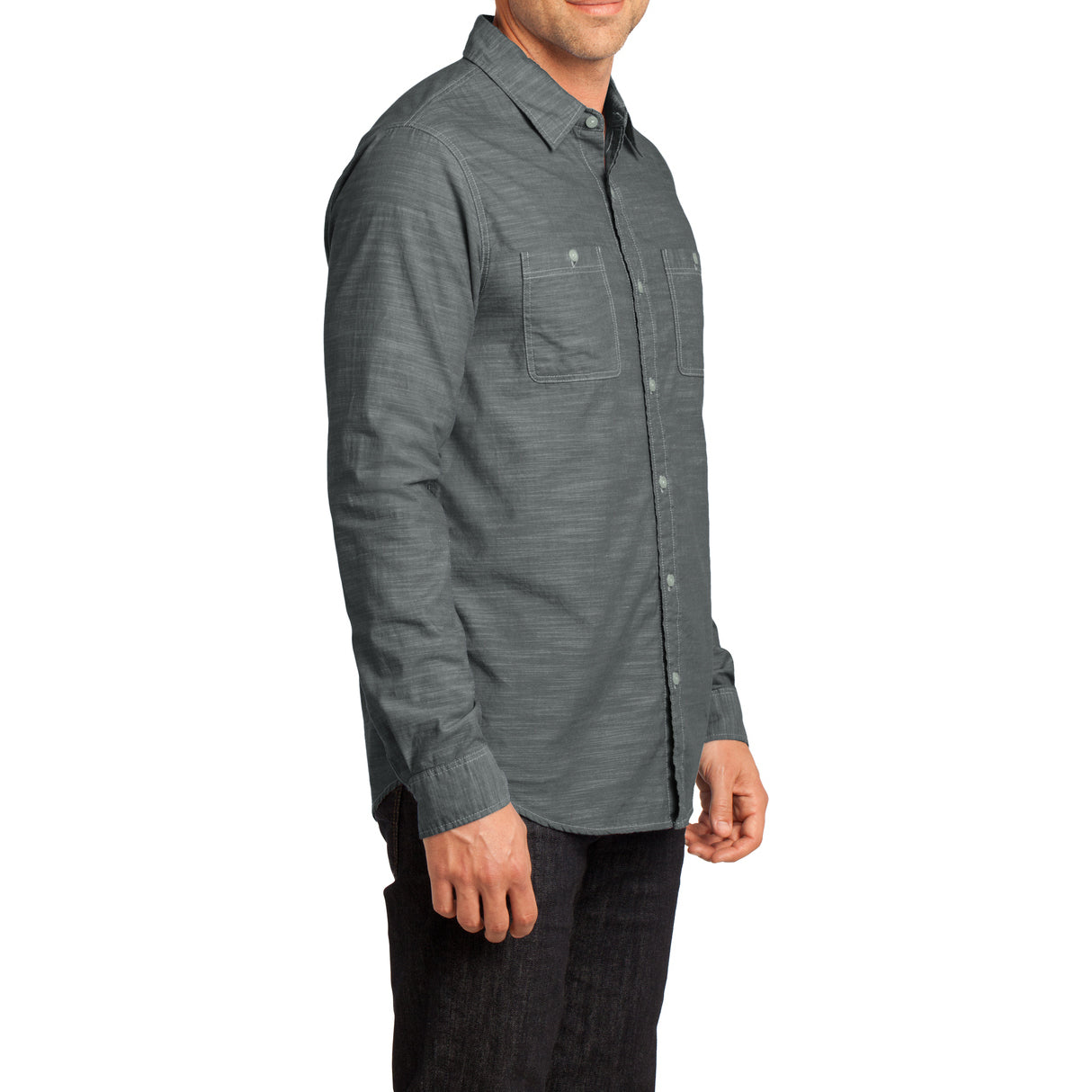 Mens Long Sleeve Washed Woven Shirt - Grey - Side