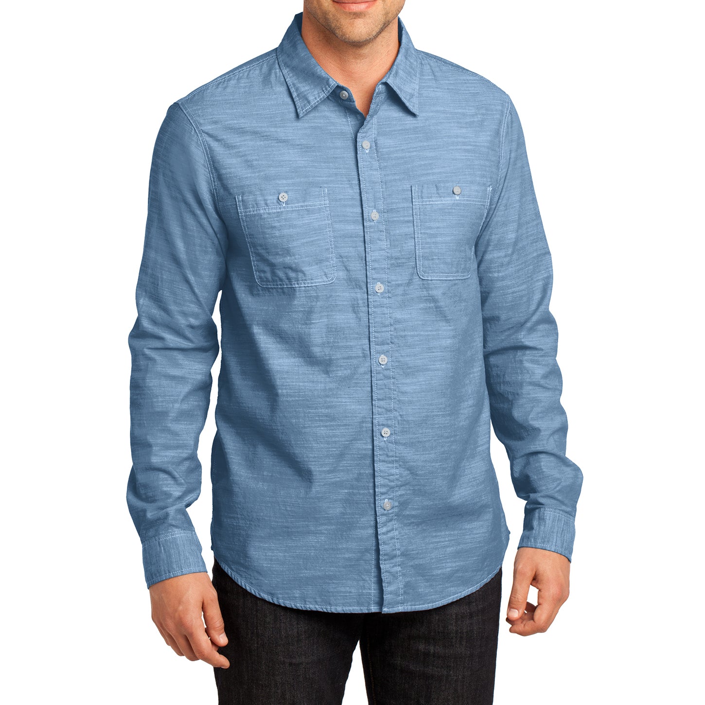 Mens Long Sleeve Washed Woven Shirt - Light Blue - Front