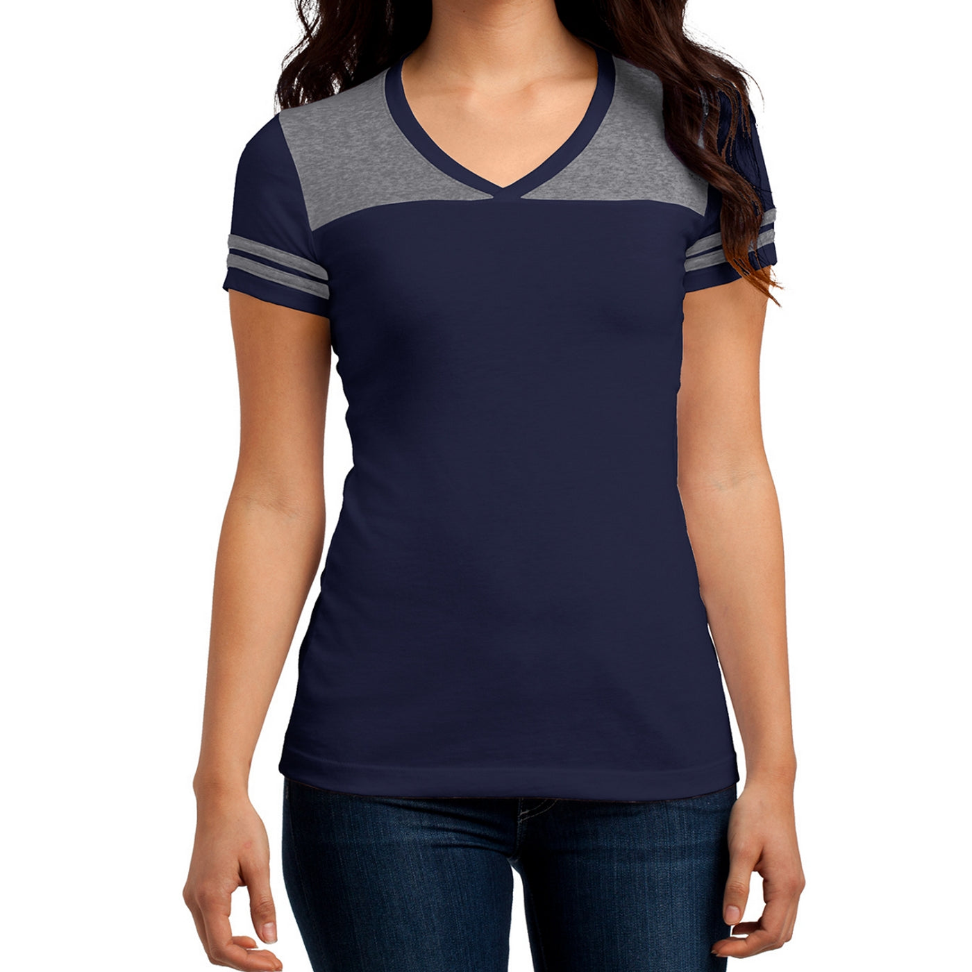 Women's Juniors Varsity V-Neck Tee - True Navy/ Heathered Nickel