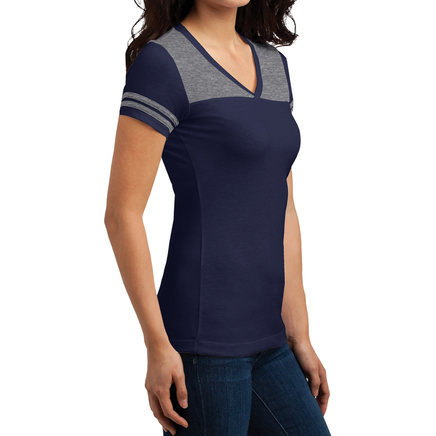 Women's Juniors Varsity V-Neck Tee - True Navy/ Heathered Nickel