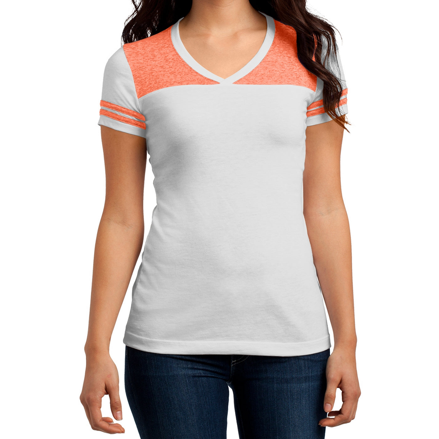 Women's Juniors Varsity V-Neck Tee - White/ Bright Orange