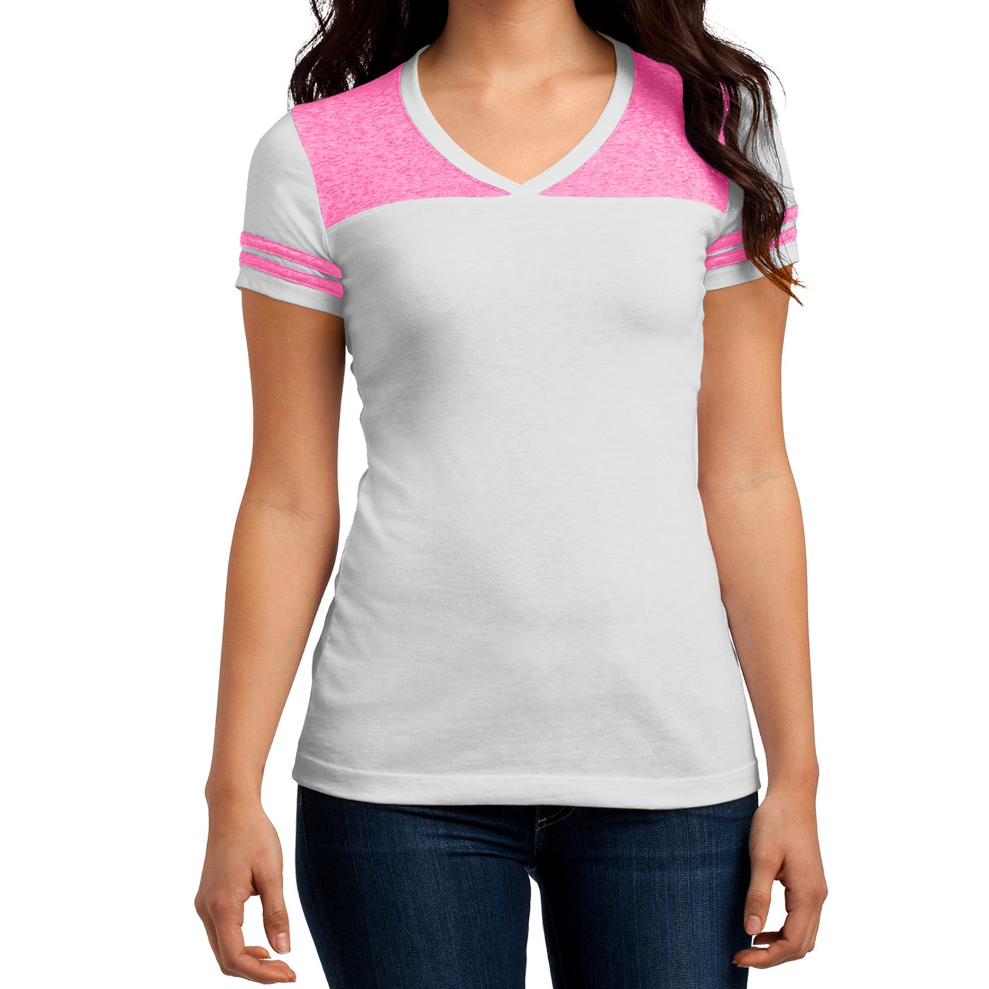 Women's Juniors Varsity V-Neck Tee - White/ Bright Pink