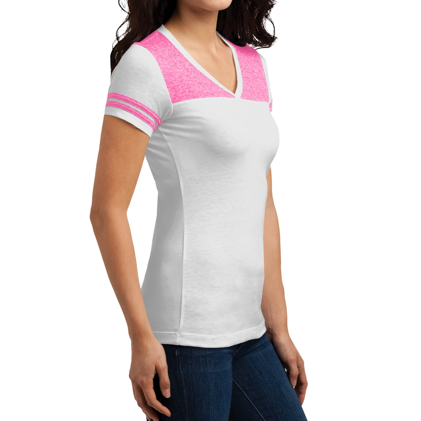 Women's Juniors Varsity V-Neck Tee - White/ Bright Pink