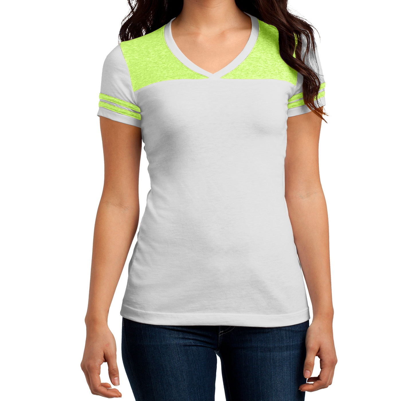 Women's Juniors Varsity V-Neck Tee - White/ Neon Lime