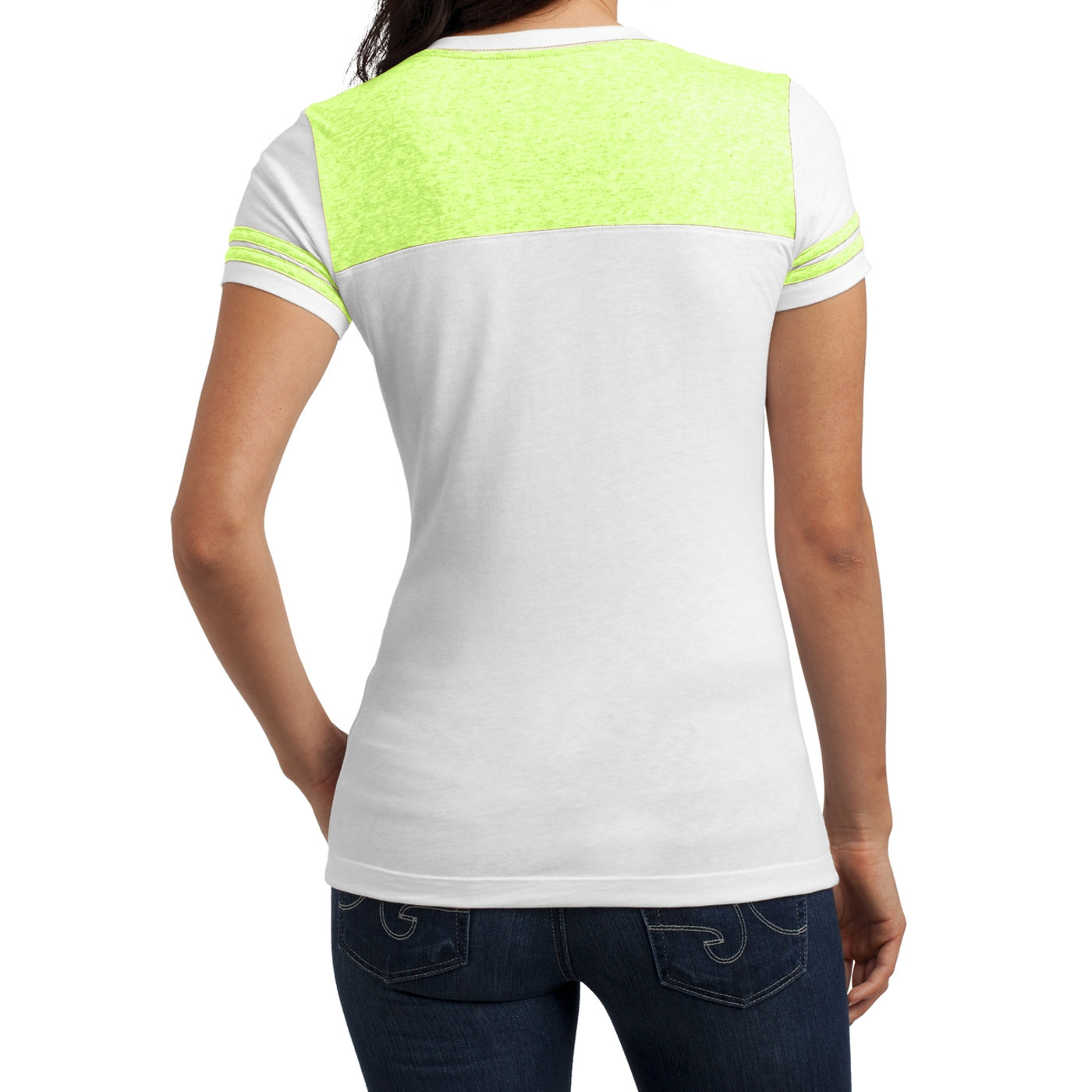Women's Juniors Varsity V-Neck Tee - White/ Neon Lime