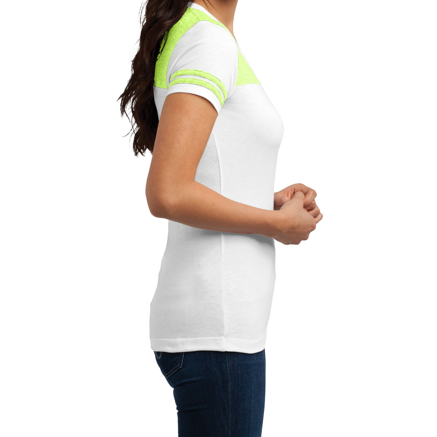 Women's Juniors Varsity V-Neck Tee - White/ Neon Lime