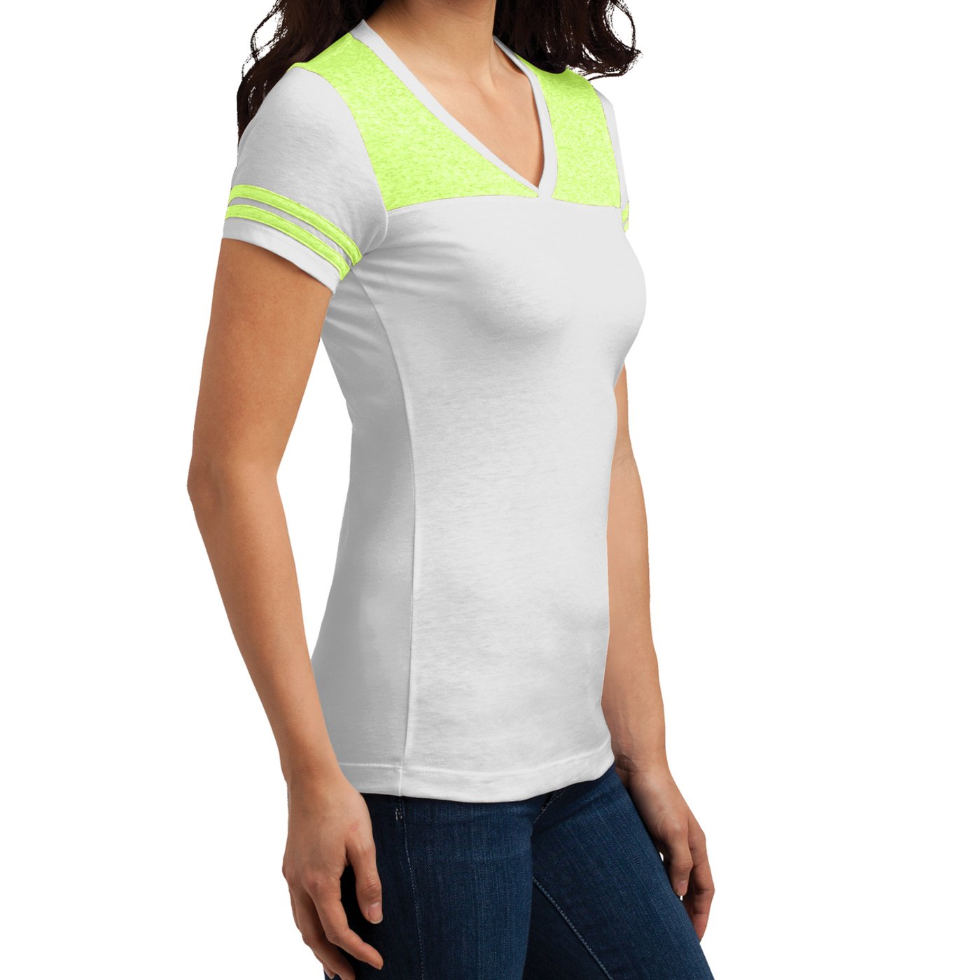 Women's Juniors Varsity V-Neck Tee - White/ Neon Lime