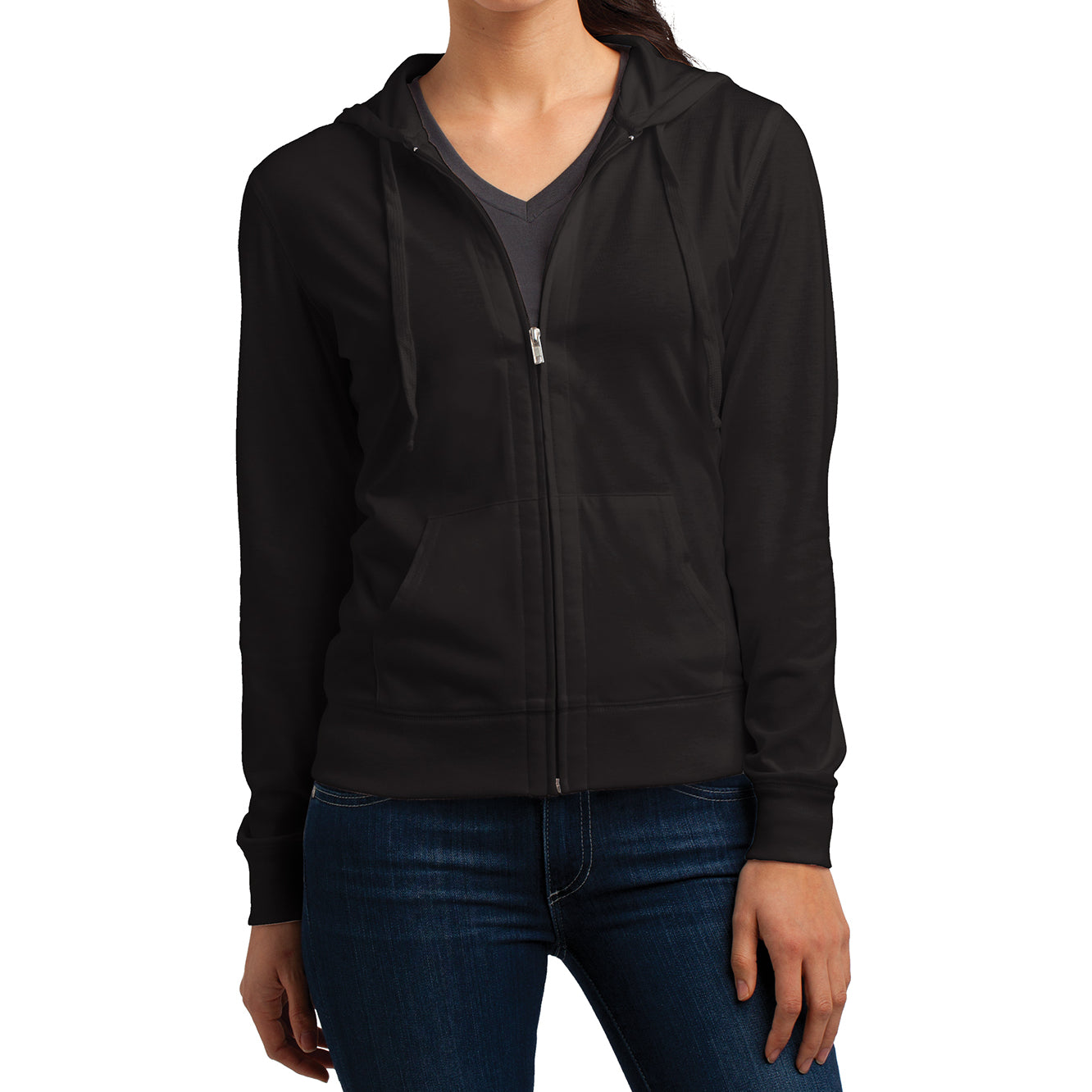 Women's Juniors Jersey Full-Zip Hoodie Black - Front