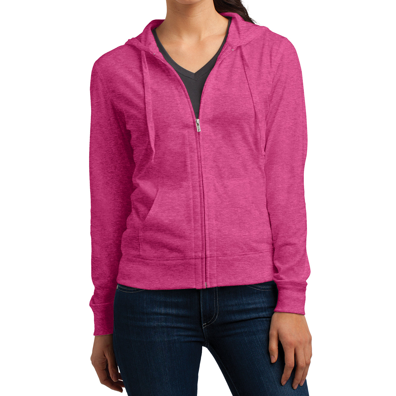 Women's Juniors Jersey Full-Zip Hoodie Dark Fuchsia Heather - Front
