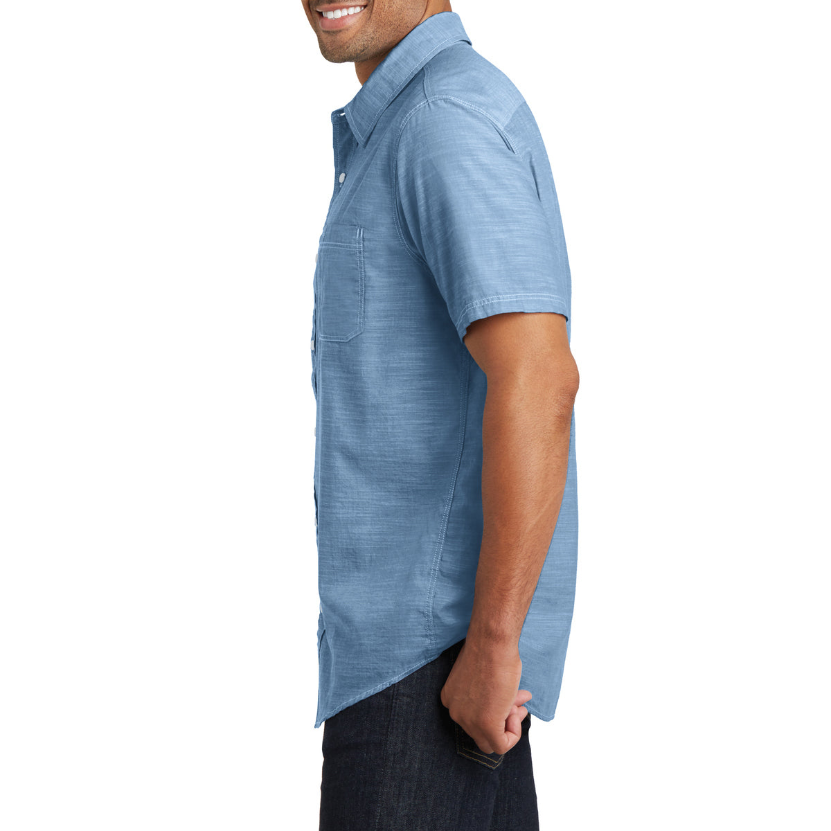 Men's Short Sleeve Washed Woven Shirt - Light Blue - Side