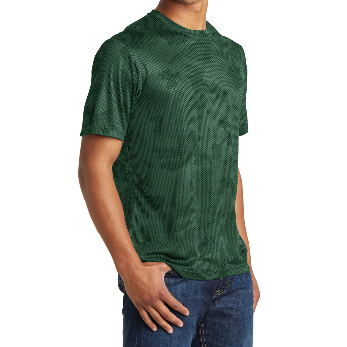 Moisture Wicking CamoHex Tee Shirt Forest Green Side