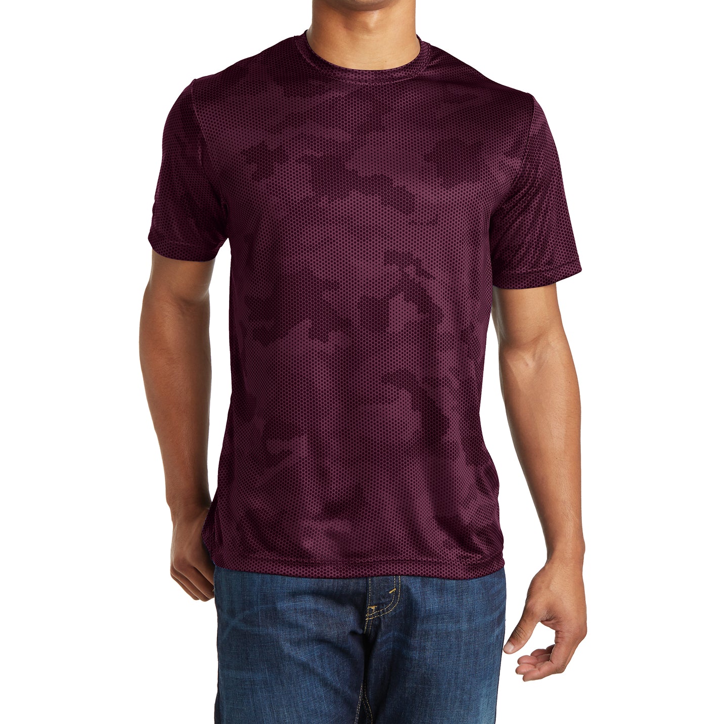 Moisture Wicking CamoHex Tee Shirt Maroon Front