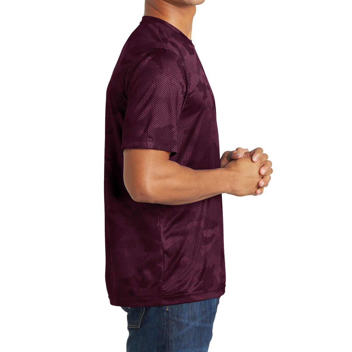 Moisture Wicking CamoHex Tee Shirt Maroon Side
