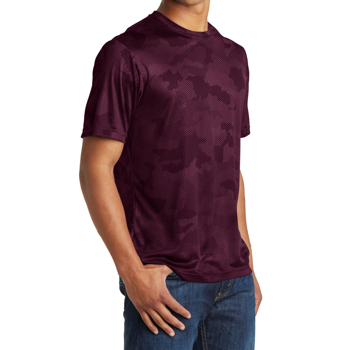 Moisture Wicking CamoHex Tee Shirt Maroon Side