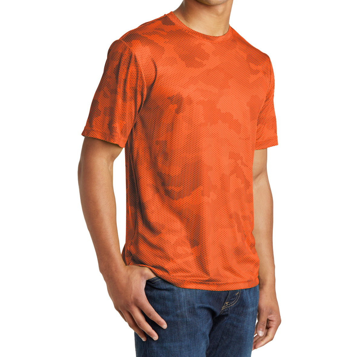 Moisture Wicking CamoHex Tee Shirt Neon Orange Side