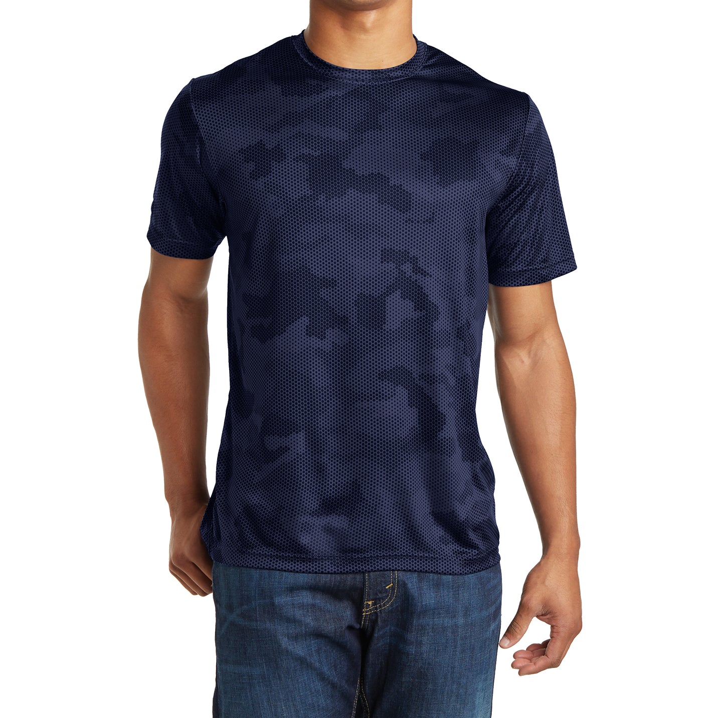 Moisture Wicking CamoHex Tee Shirt True Navy Front