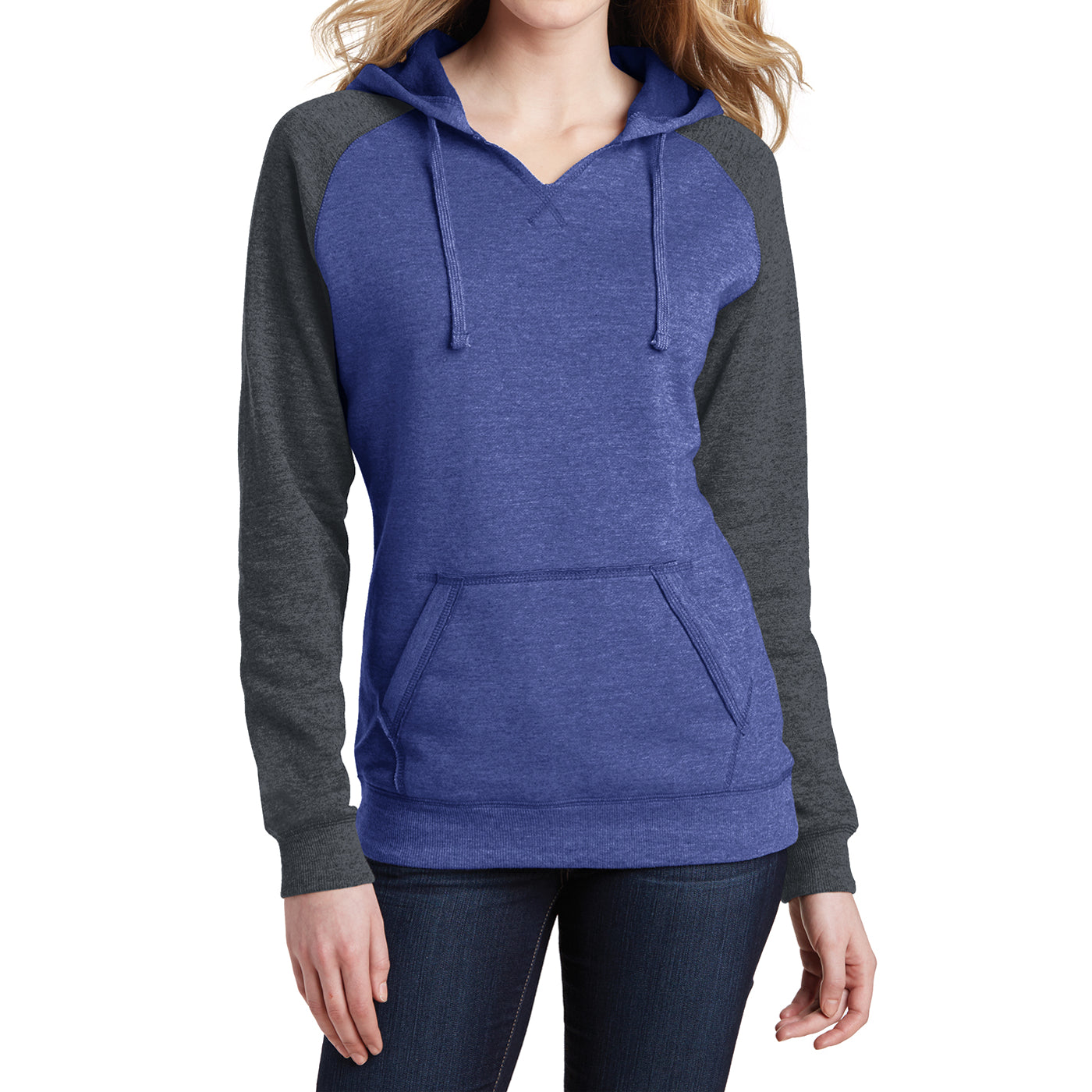 Women's Juniors Lightweight Fleece Raglan Hoodie Heathered Deep Royal/Heathered Charcoal - Front