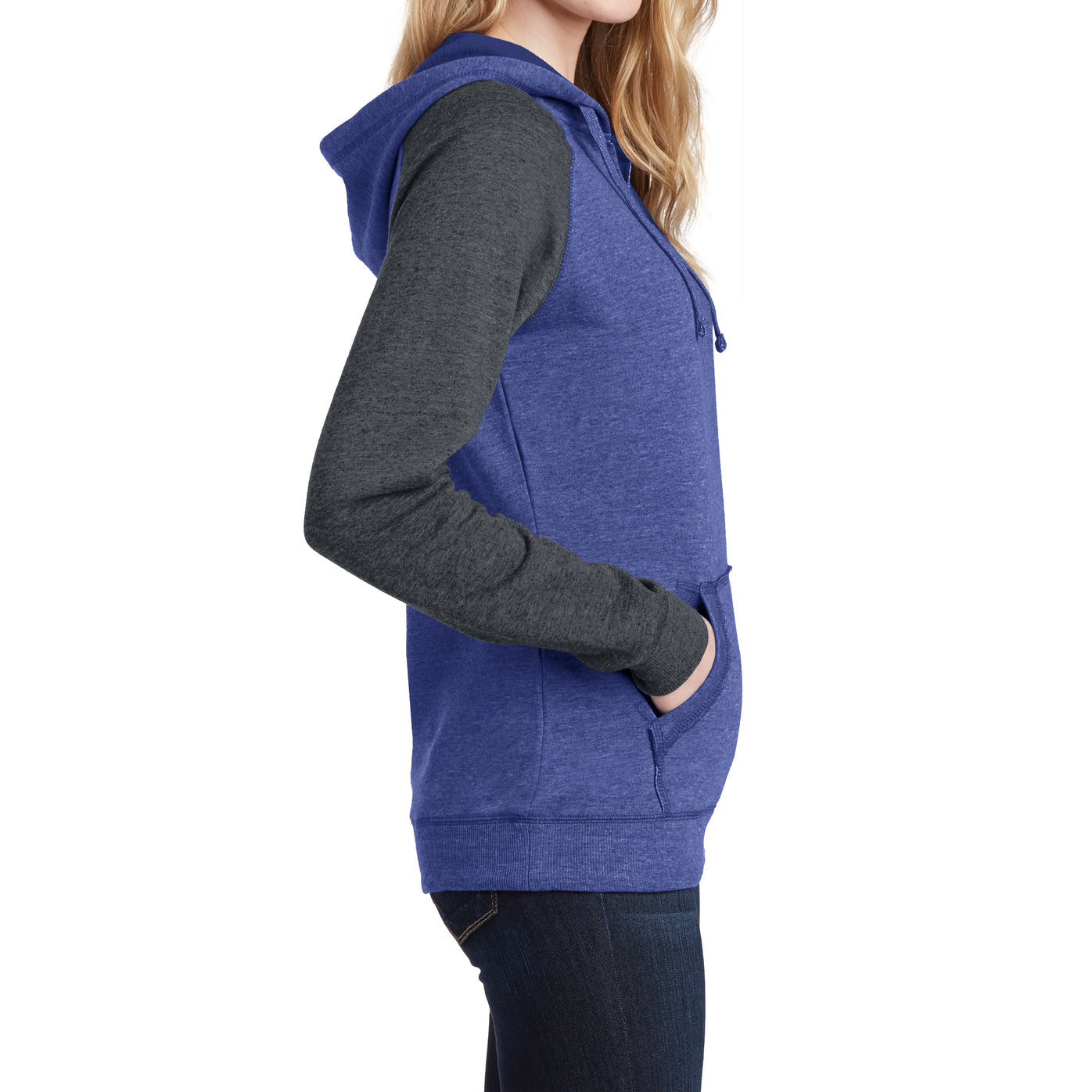 Women's Juniors Lightweight Fleece Raglan Hoodie Heathered Deep Royal/Heathered Charcoal - Side